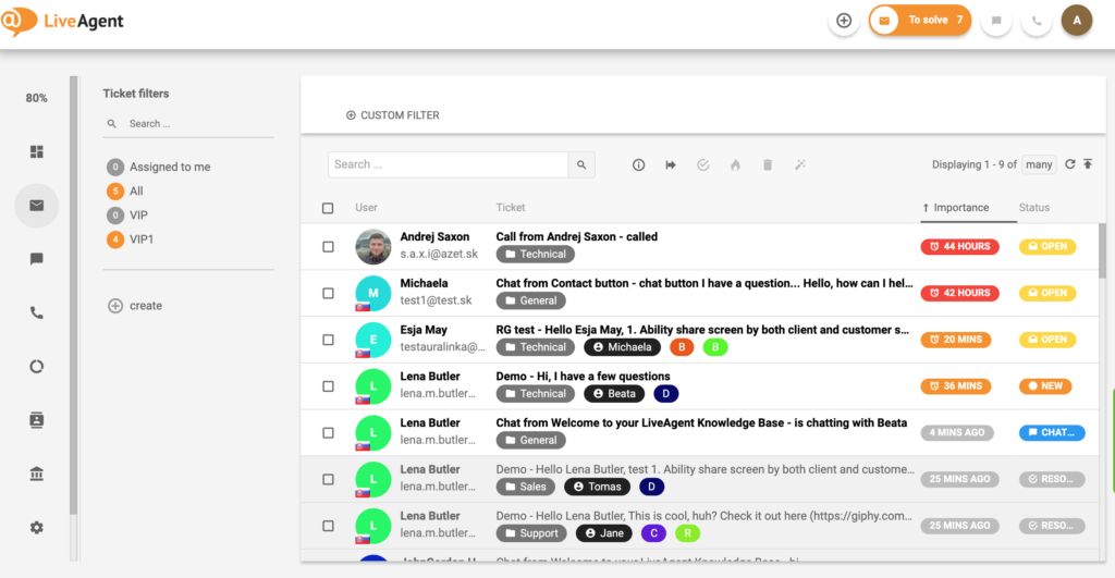 A jegykezelési felület áttekintése a LiveAgentben.
