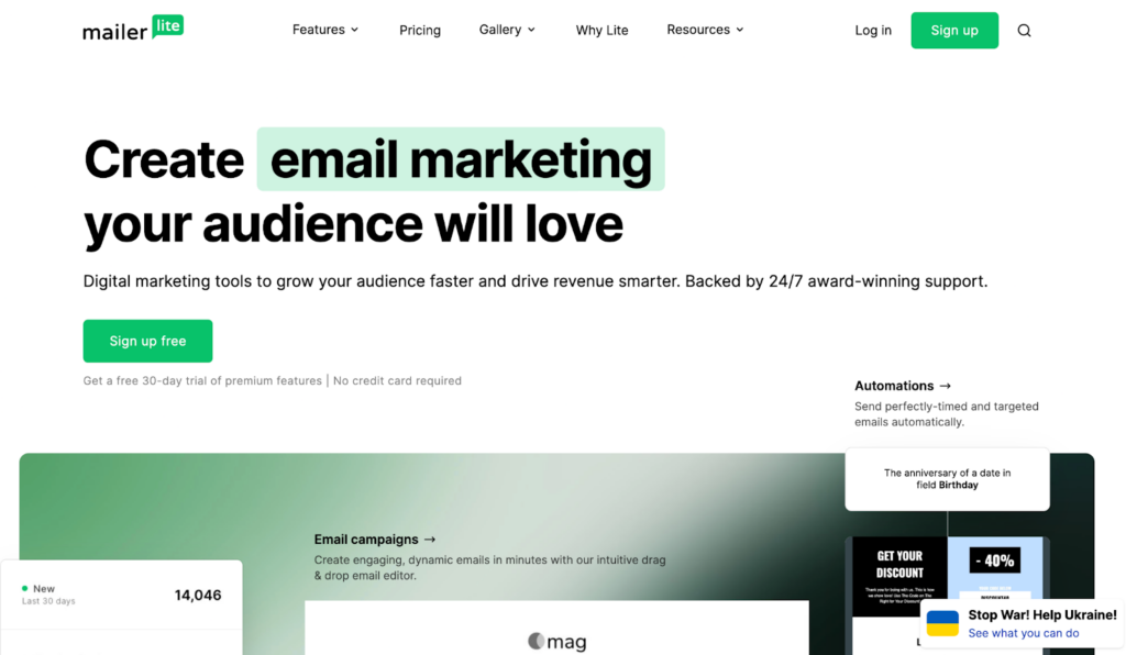 Mailerlite kezdőoldala, felhasználóbarát e-mail kezelő rendszer