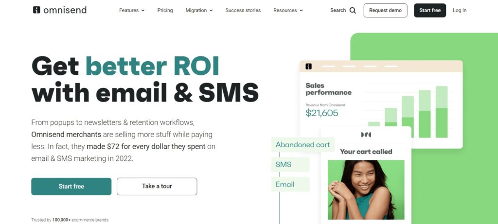 Omnisend kezdőoldala, e-kereskedelmi e-mail marketing platform