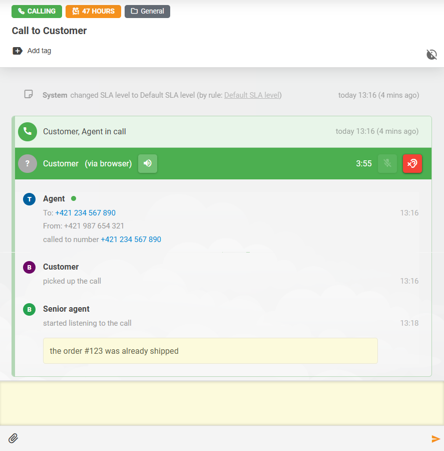 LiveAgent Call Listening funkció ügynökök közötti jegyzetinterakcióval