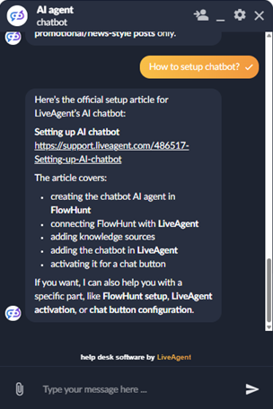 LiveAgent AI Agent csevegés markdown támogatással