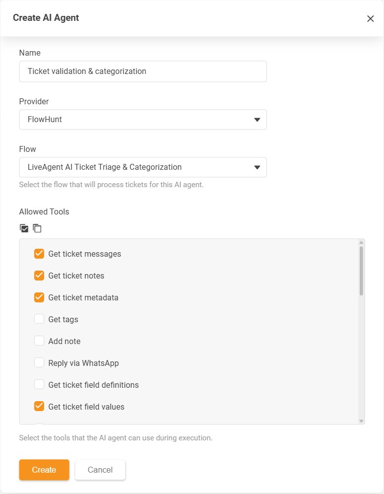 LiveAgent Create AI Agent párbeszédablak az engedélyezett műveletek Allowed Tools listájával