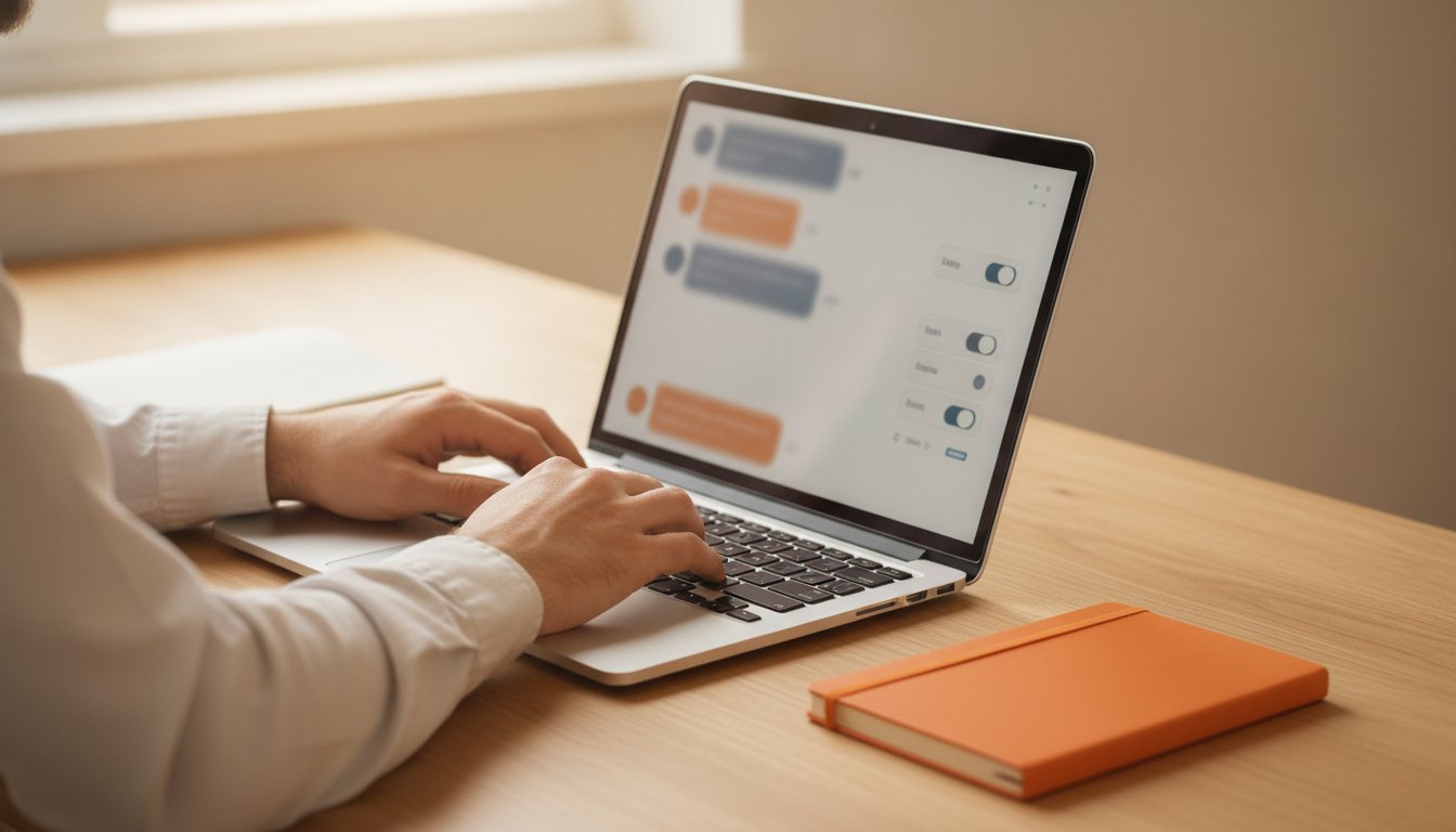 Ügyfélszolgálati vezető állítja be a LiveAgent chatbot átadási és eszkalációs beállításait laptopon