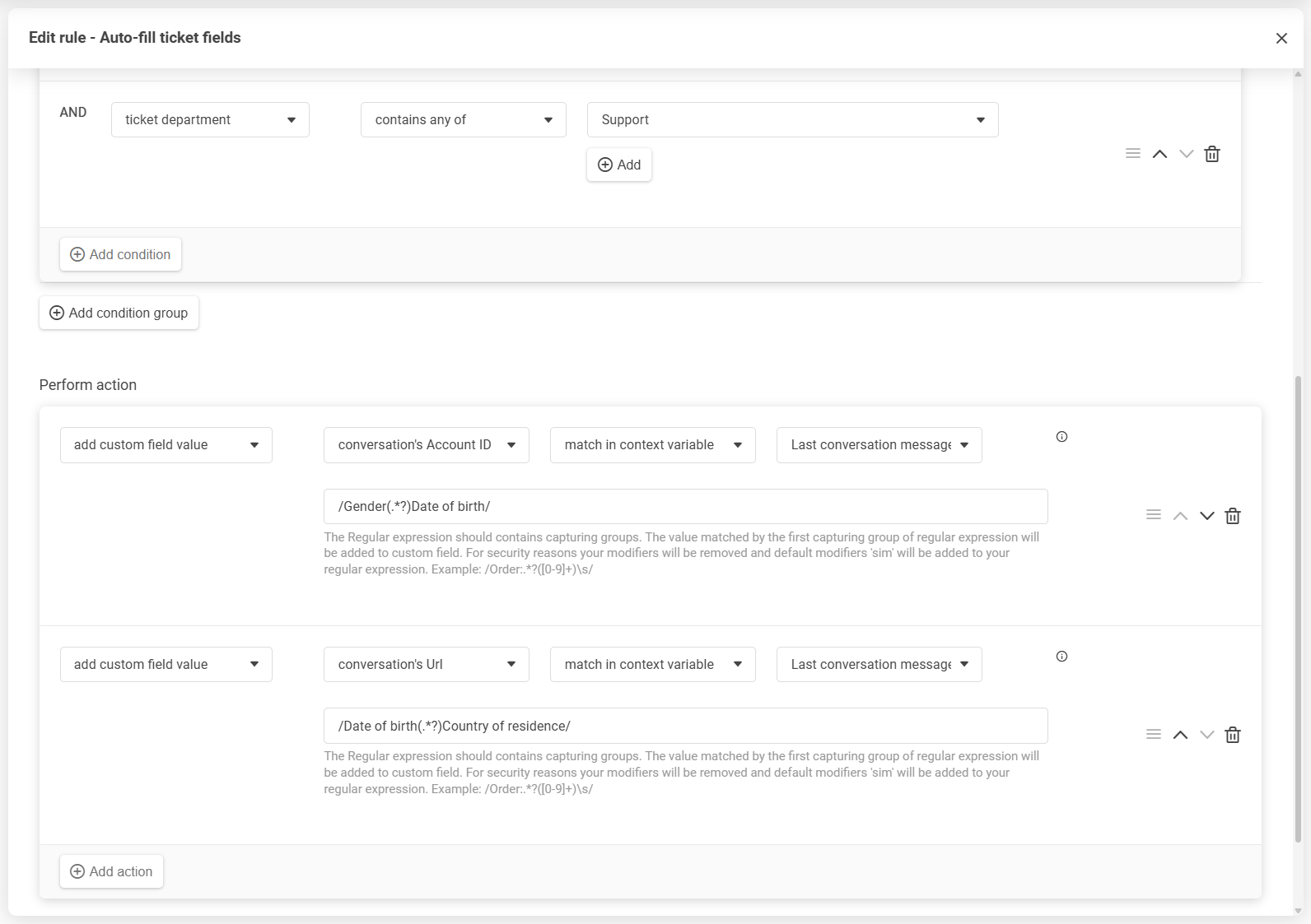 LiveAgent szabályszerkesztő a feltételek és műveletek fogd-és-vidd átrendezésével