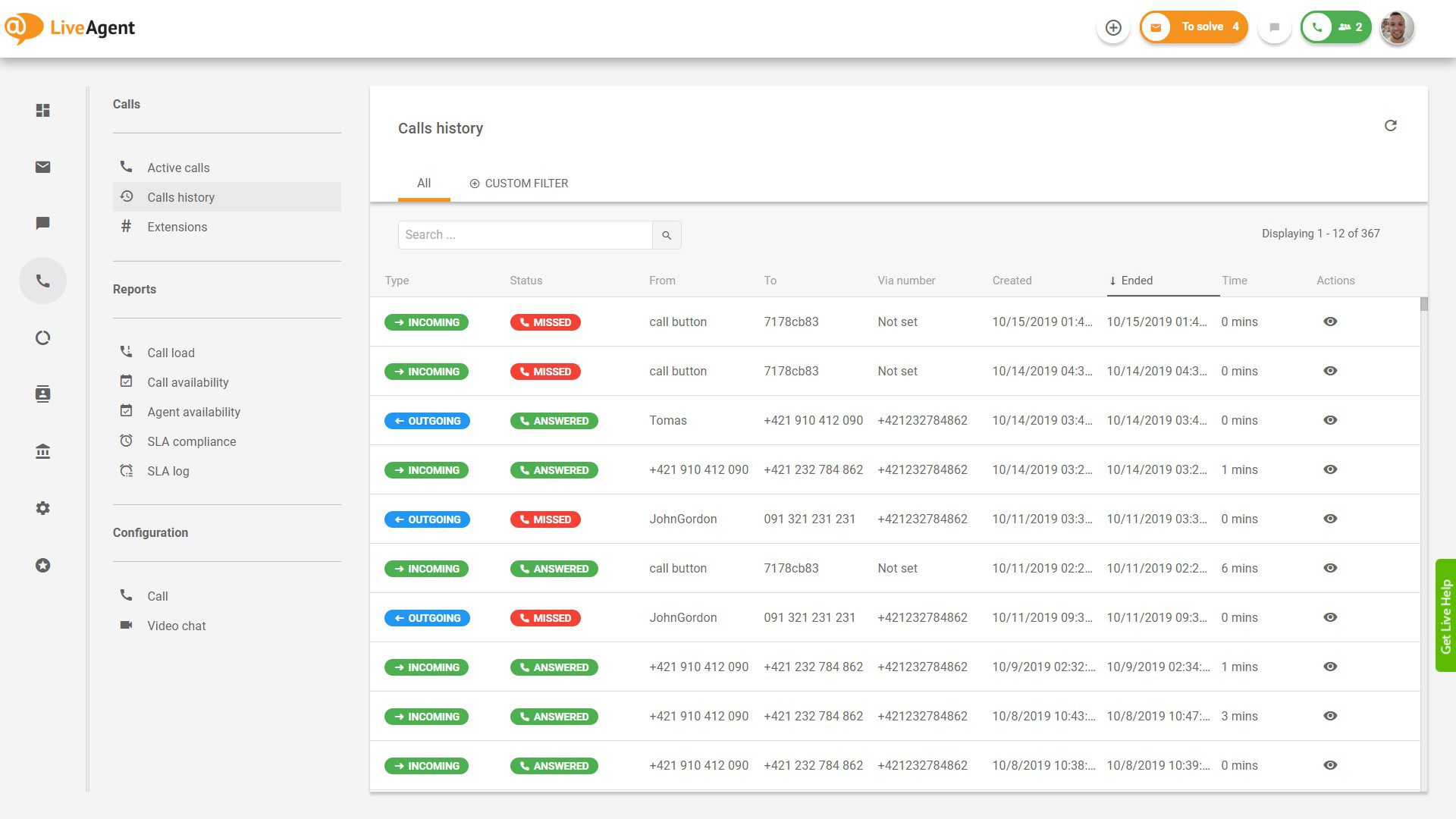 A hívásközpont felület áttekintése a LiveAgent-ben.