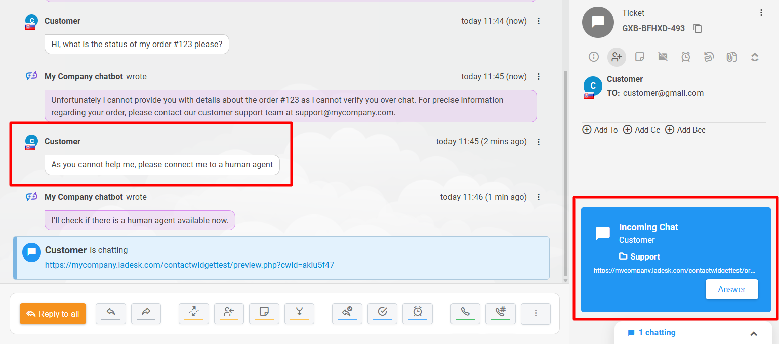 LiveAgent AI Humán Átadás Előnézet
