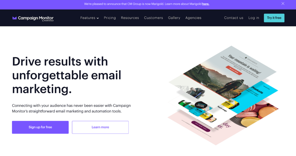 Campaign Monitor kezdőoldala, hatékony e-mail kezelő és marketing rendszer