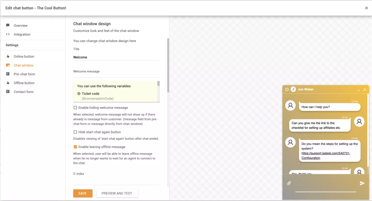 Csevegési ablak testreszabása