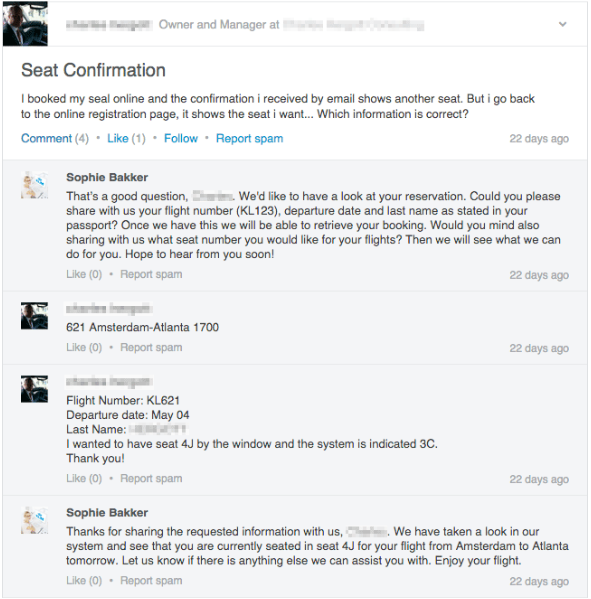 A KLM Airlines válasza az ügyfélkérdésre a LinkedIn-en
