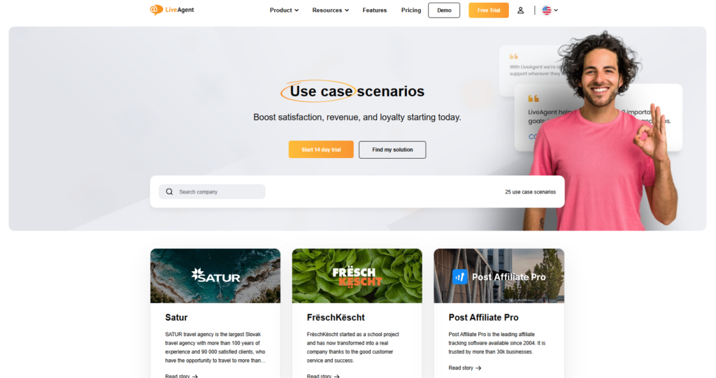 Képernyőkép a LiveAgent webhelyéről, ahol megosztják az ügyfelek sikertörténeteit