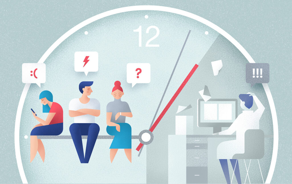 Az ügyfélszolgálatra váró ügyfelek illusztrációja