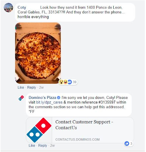 Dominos reagálása Facebook megjegyzésekre