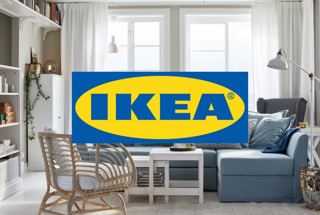 Az Ikea logójának képe, amely szintén a bútorukat mutatja