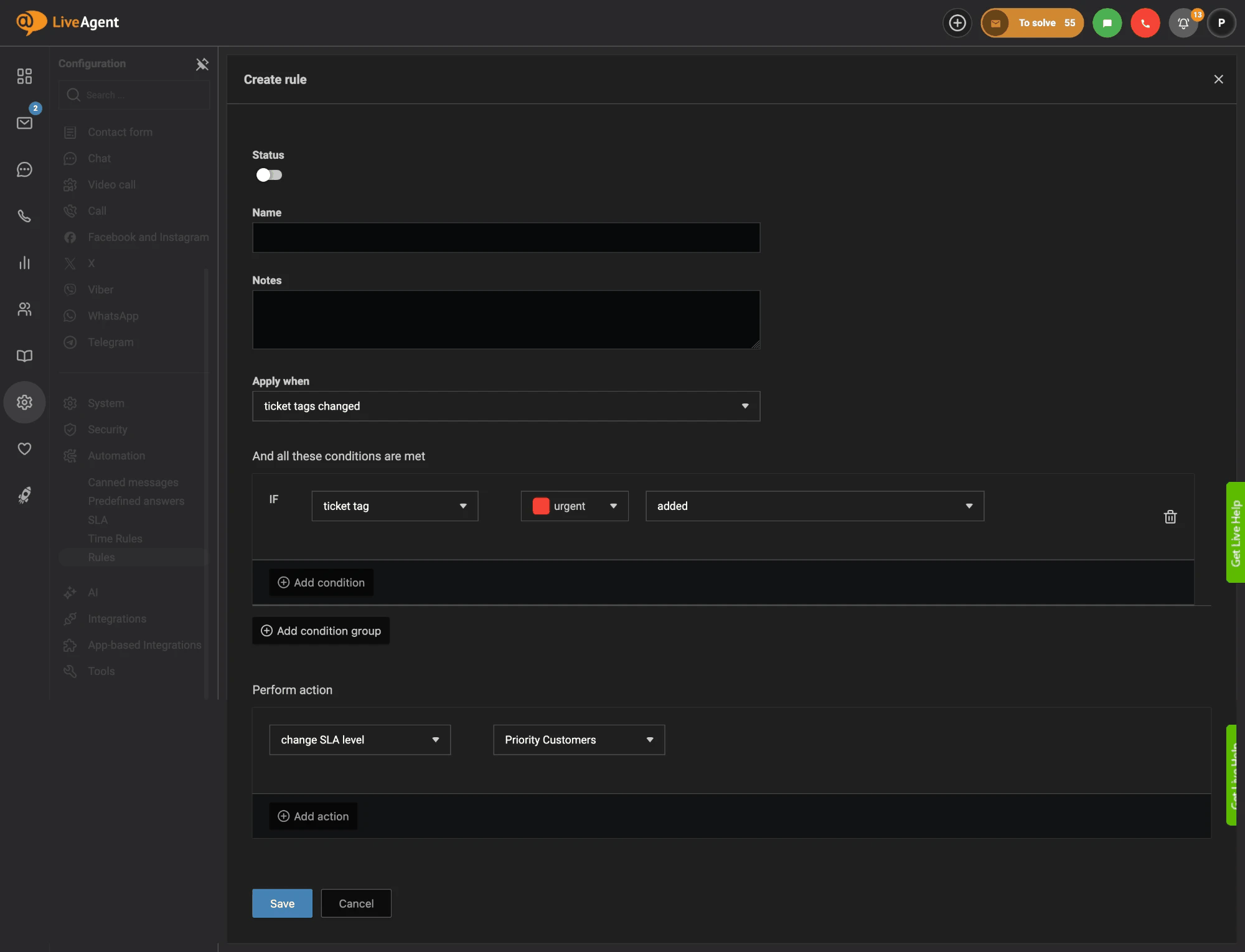 LiveAgent-szabály, amely a Priority Customers szintre módosítja az SLA-szintet, amikor az urgent címke hozzáadásra kerül egy jegyhez