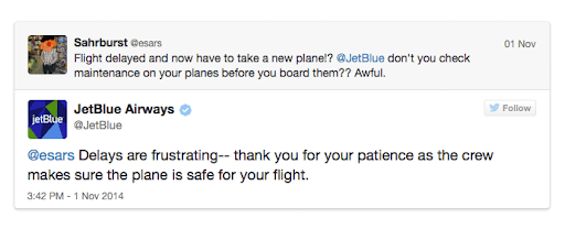 JetBlue válasza az elégedetlen ügyfél tweetjére a Twitteren