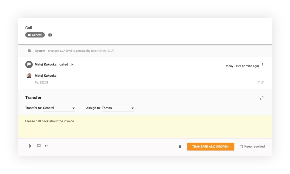 A képernyőkép bemutatja, hogyan lehet hívásokat átadni a LiveAgent-ben más osztályoknak és ügynököknek