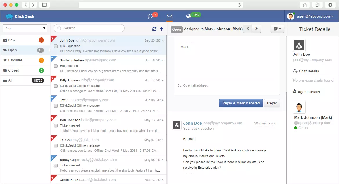 ClickDesk irányítópult és élő csevegés