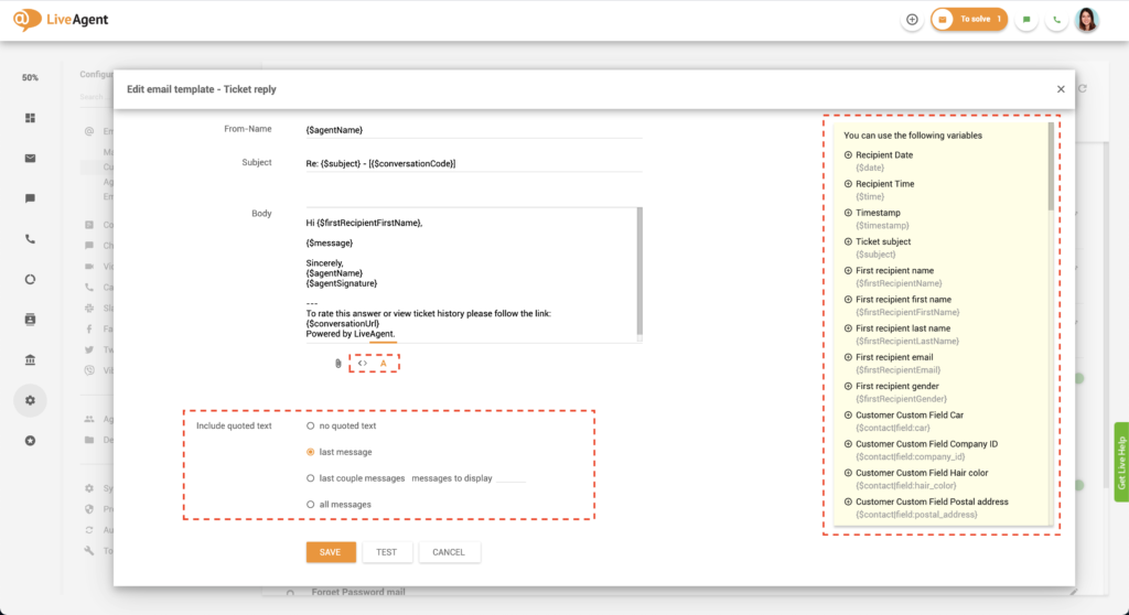 LiveAgent e-mail sablonok testreszabása