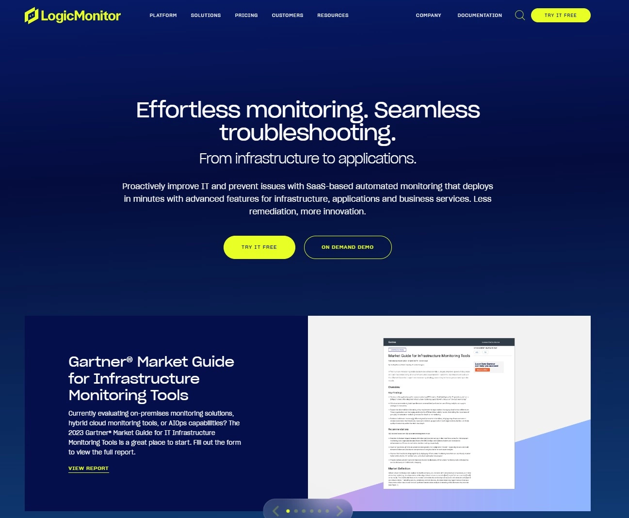 Képernyőkép a LogicMonitor kezdőlapjáról - IT teljesítmény platform az erőfeszítés nélküli figyeléshez és hibaelhárításhoz