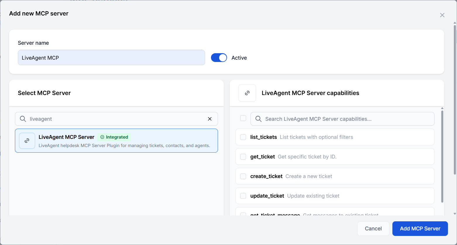 Egy új MCP szerver Liveagent hozzáadva a FlowHunt-hoz