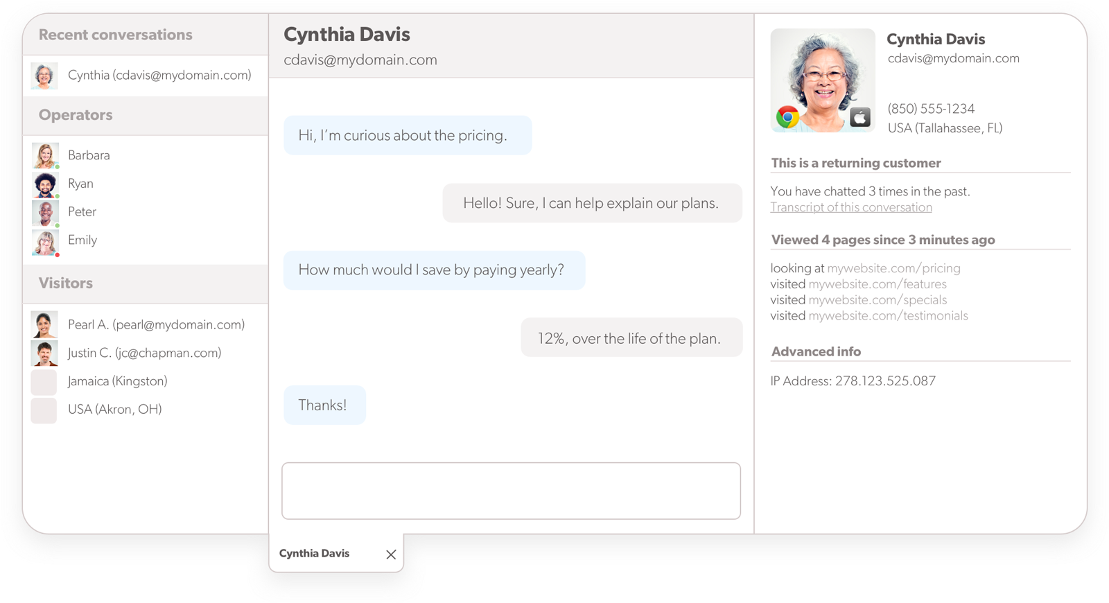 Az ügynök nézete a folyamatban lévő élő csevegésről az Olark élő csevegés szoftverben