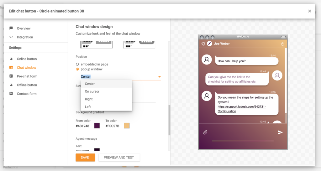 Előugró ablak funkció LiveAgent