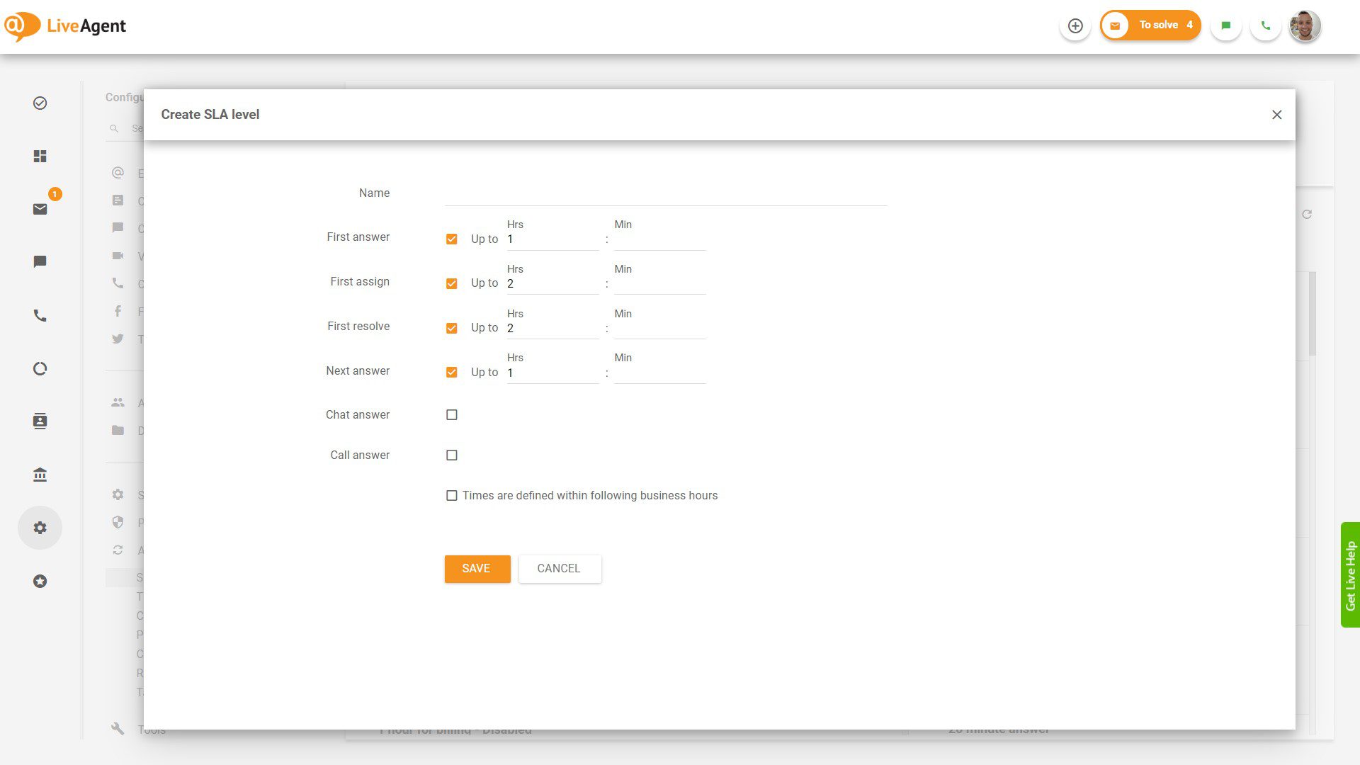 SLA-szint létrehozása a LiveAgent-ben