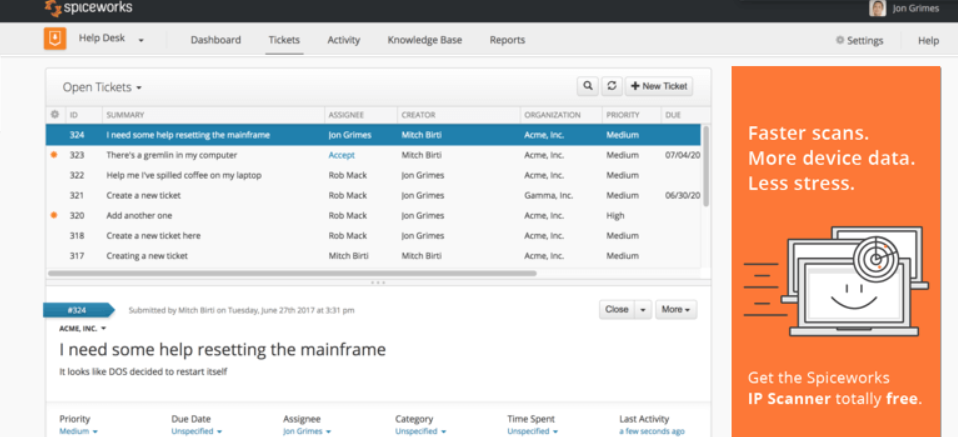Spiceworks ingyenes jegykezelő szolgáltatás