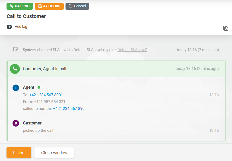 LiveAgent Call Listening funkció felülete, amely ügynököket mutat folyamatban lévő hívások meghallgatásakor