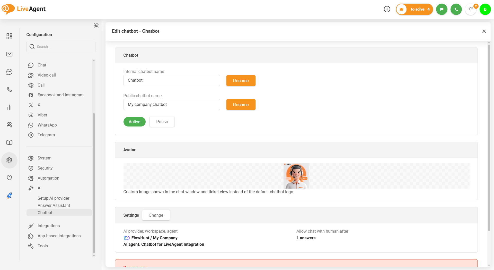 LiveAgent AI chatbot egyéni avatar kép feltöltéssel