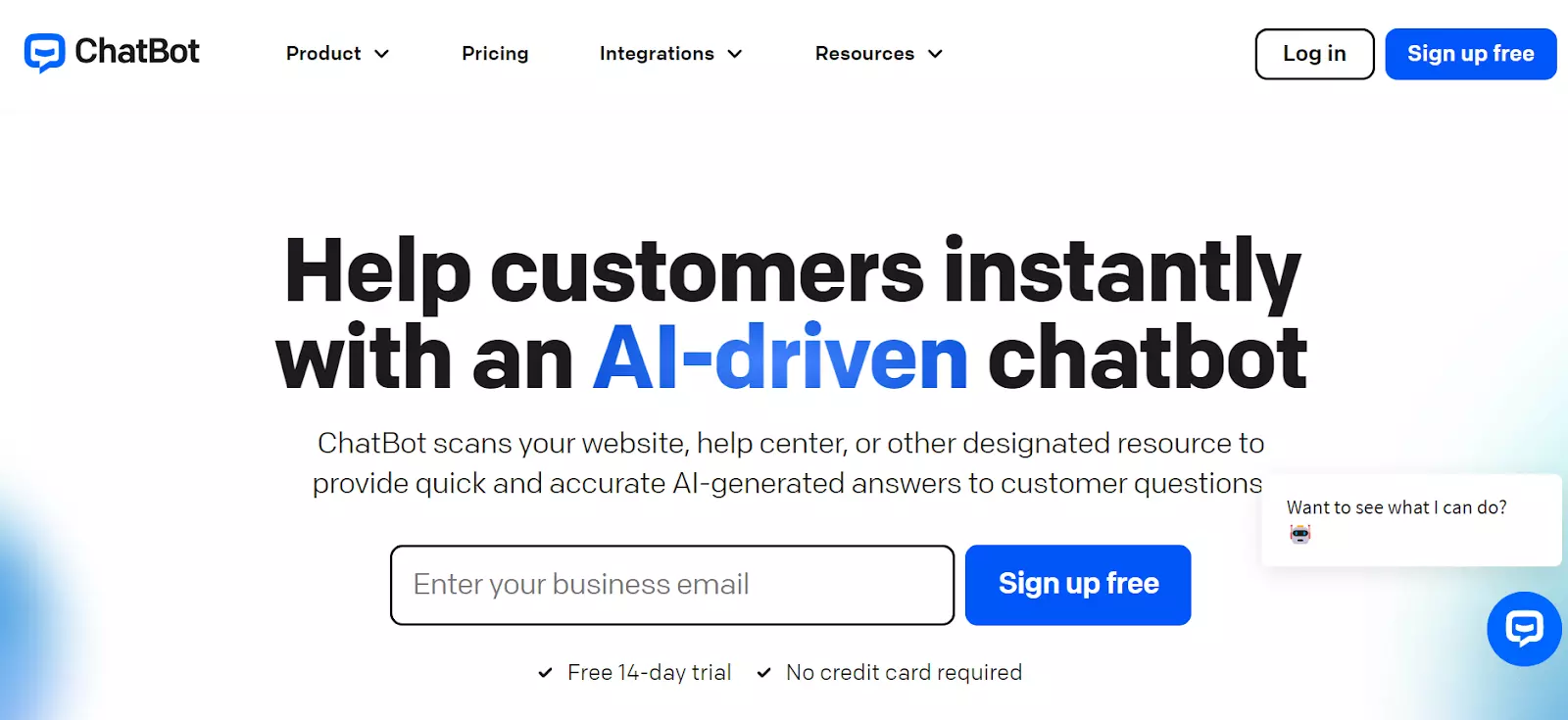 Képernyőkép a ChatBot kezdőlapjáról - mesterséges intelligencia által generált válaszok nyújtása a hatékony chatbot segítségével