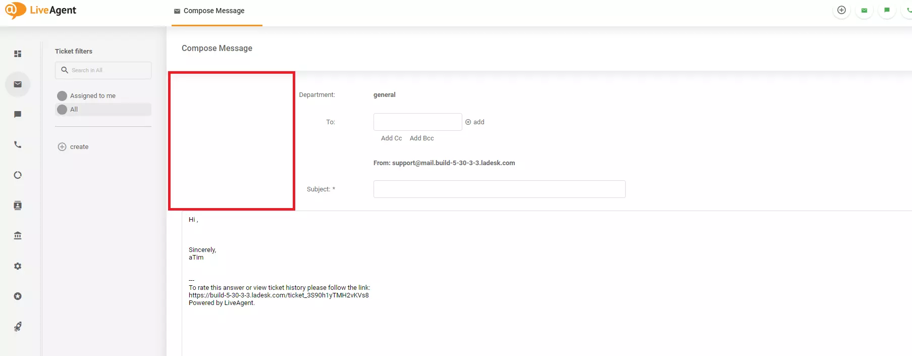 Egy kép, amely a LiveAgent Üzenet összeállítása képernyőjén lévő tervezési problémát mutatja