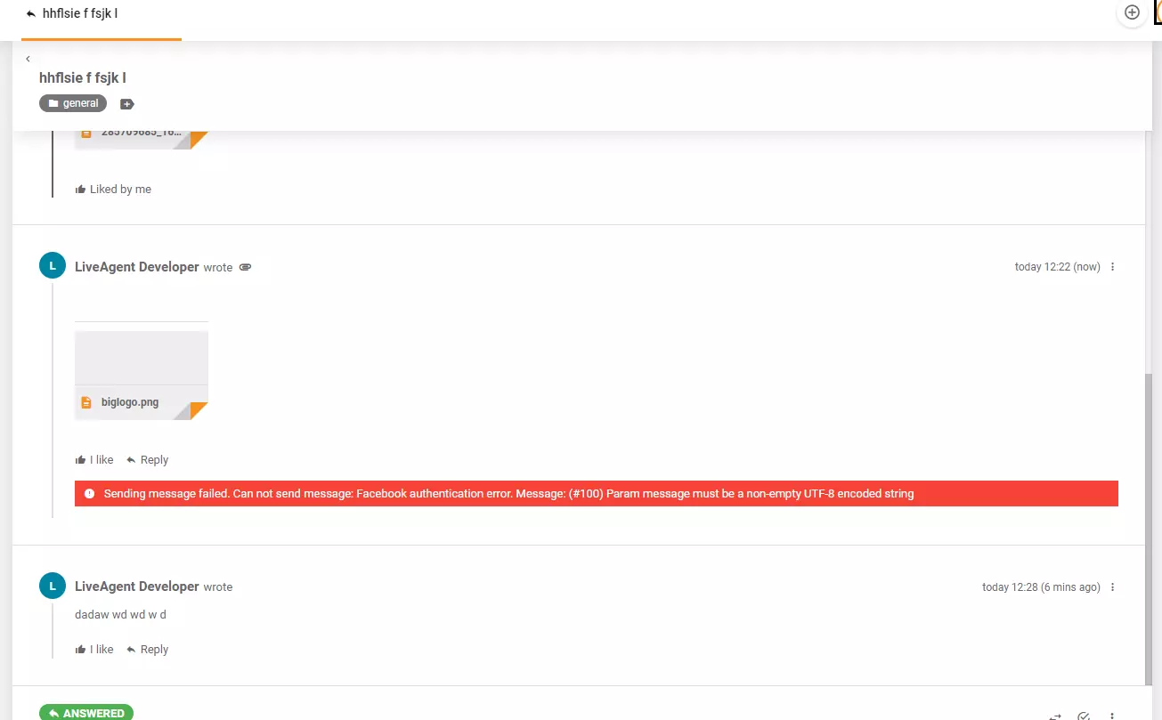Hibaüzenet jelenik meg, amikor képet küld a Facebookon a LiveAgent-en keresztül