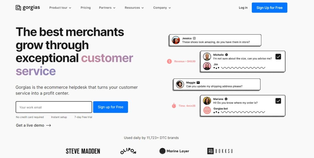 Gorgias kezdőlap - profit-fókuszú e-kereskedelem élő csevegés szoftver