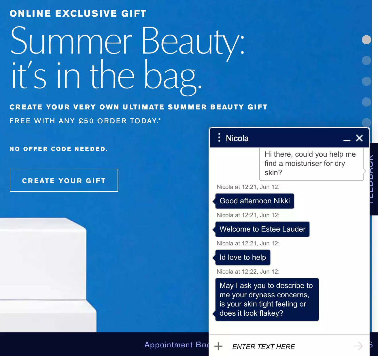 Példa az Estee Lauder élő csevegésére