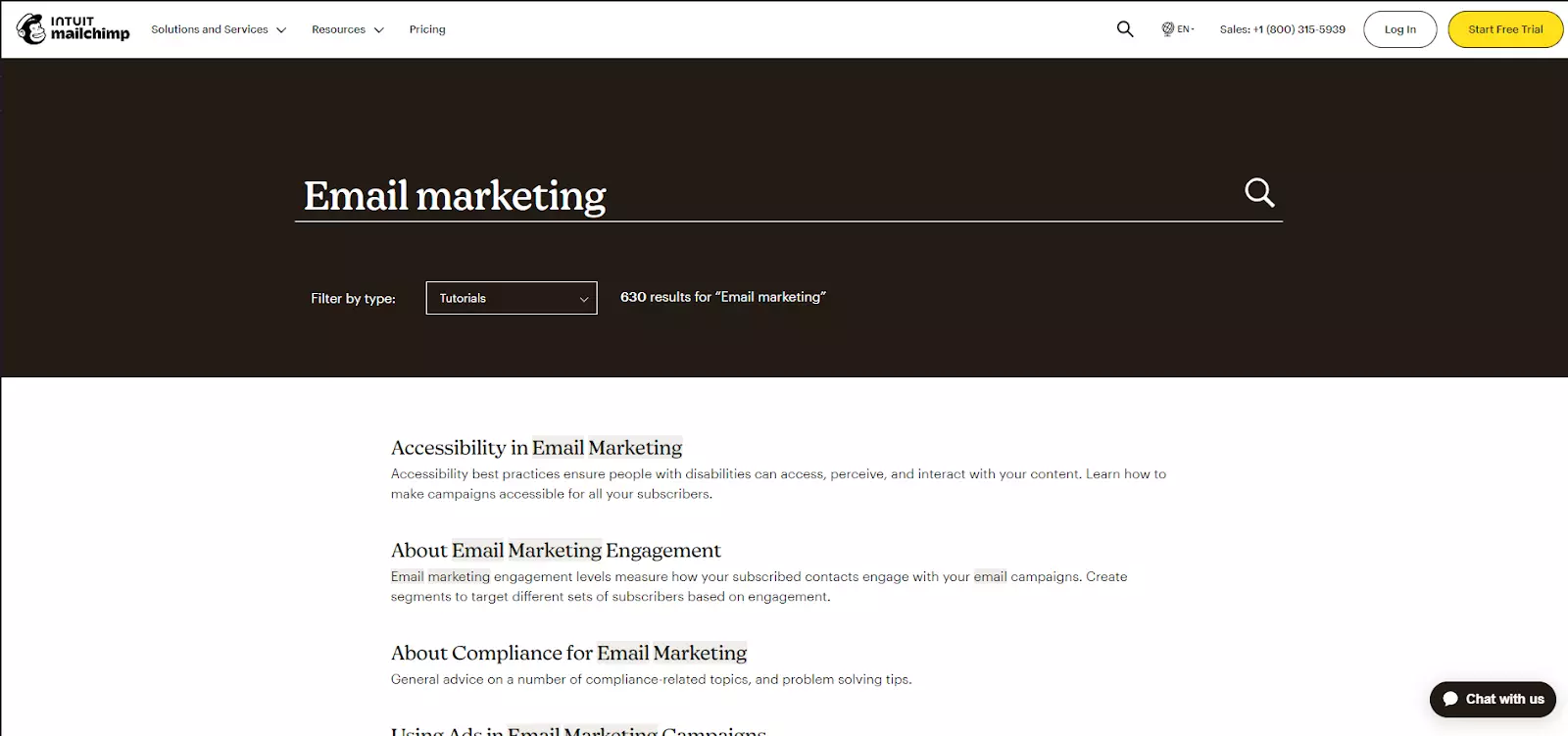Keresési funkció példája a MailChimp tudásbázisában
