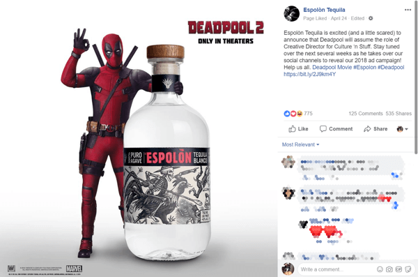 Tequila márkás partnerség bejelentése a Deadpool 2 filmmel a Facebookon