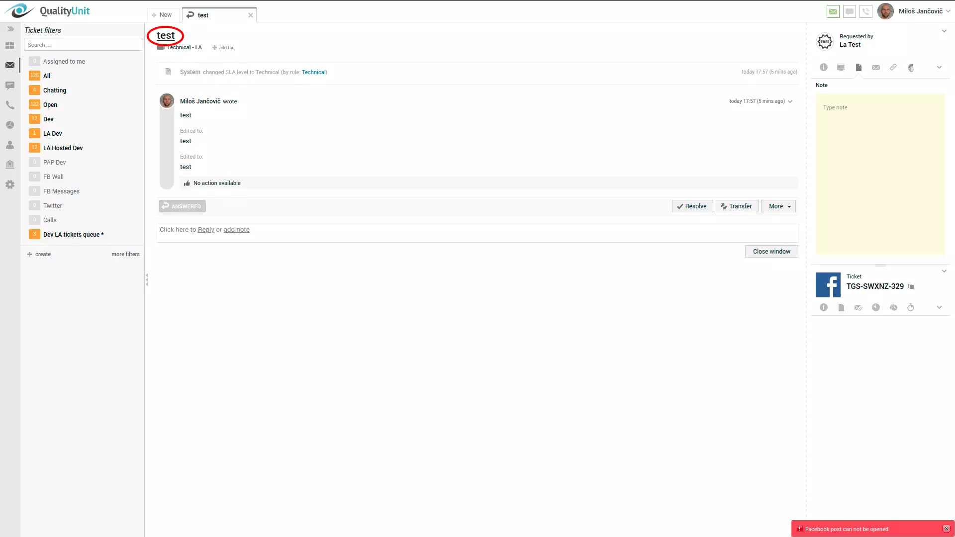 Facebook poszt hiba a LiveAgent kezelőfelület jobb sarkában