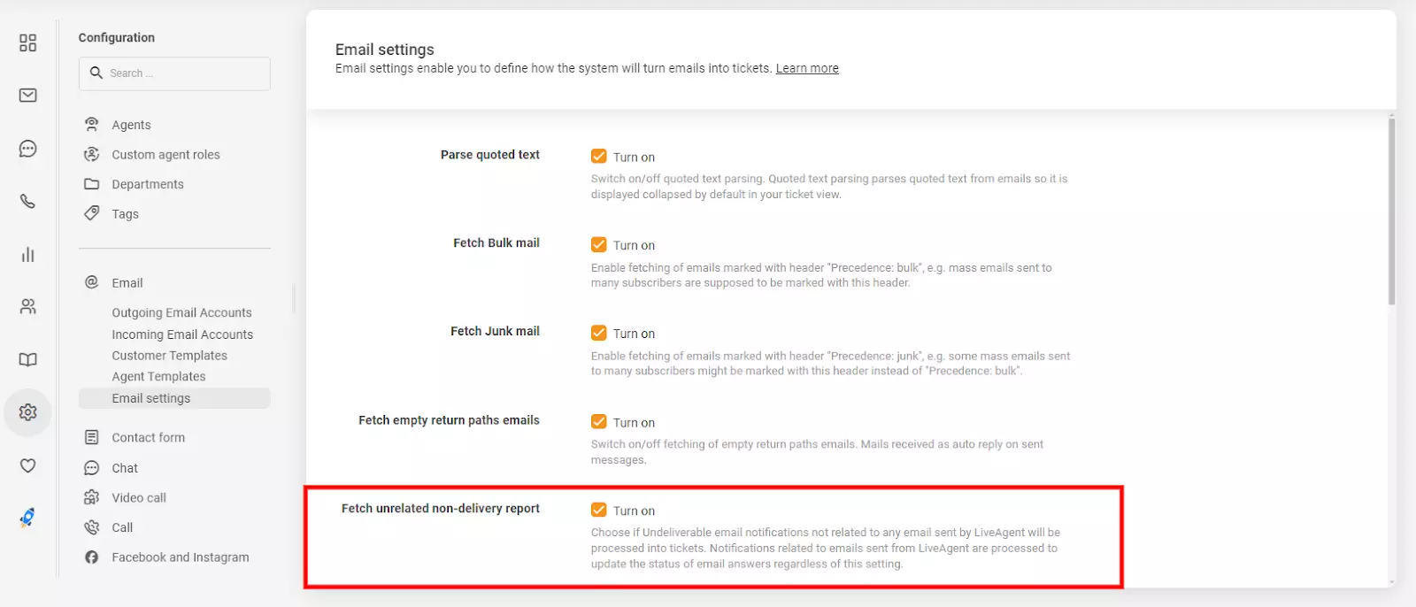 E-mail beállítások a LiveAgentben, amely a 'nem kapcsolódó nem kézbesítési jelentés lekérése' lehetőséget mutatja