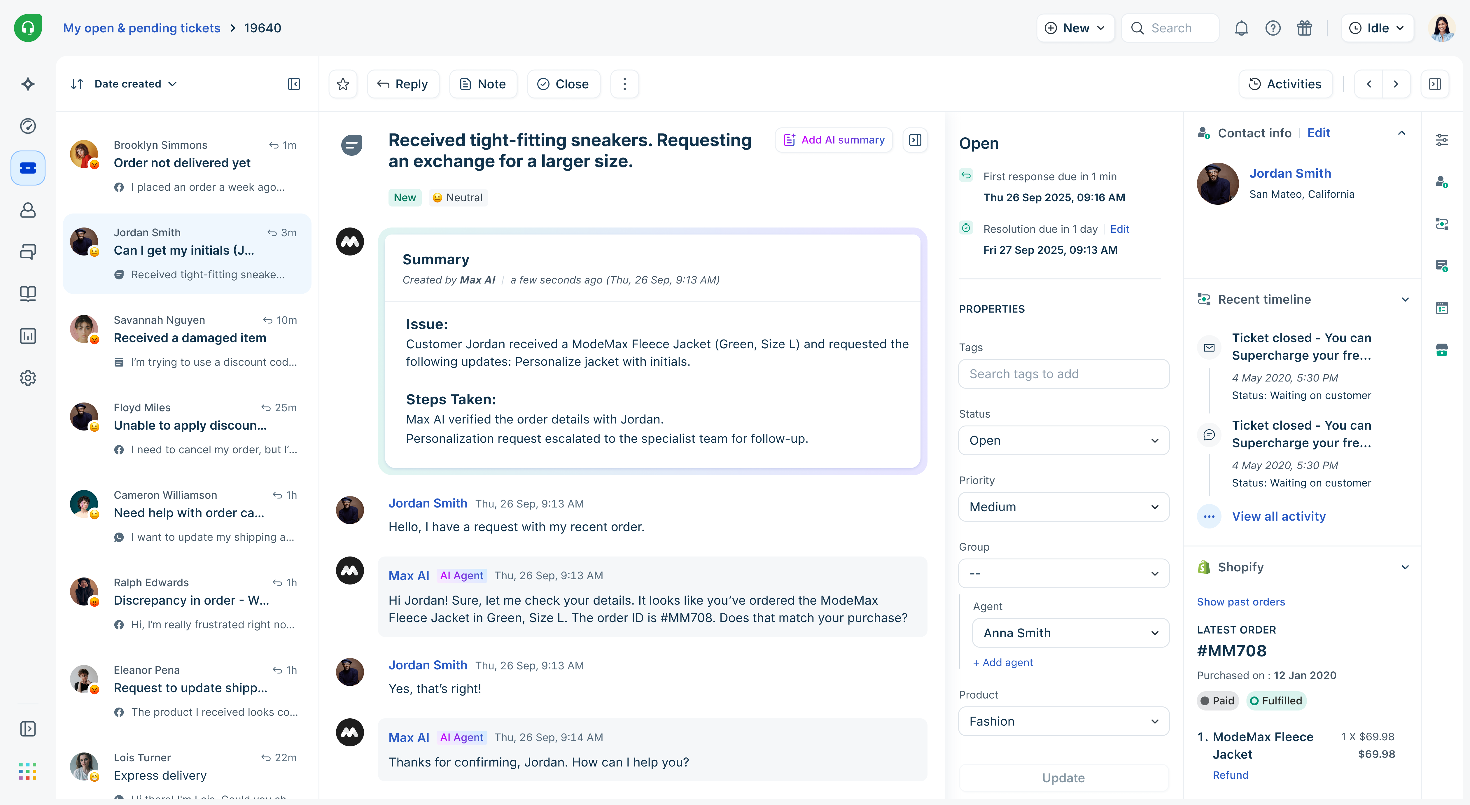 Freshdesk jegy lista nézet prioritás és státusz oszlopokkal