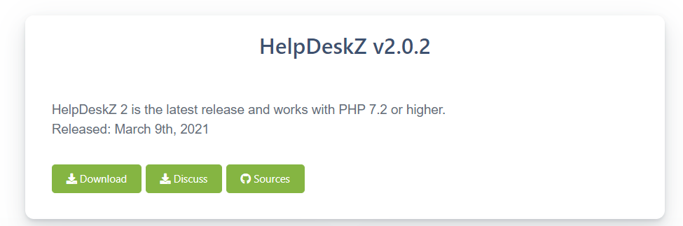 Egy nyílt forráskódú jegykezelő rendszer letöltési oldalának egy példája a letöltés gombbal, vitával és forrásokkal