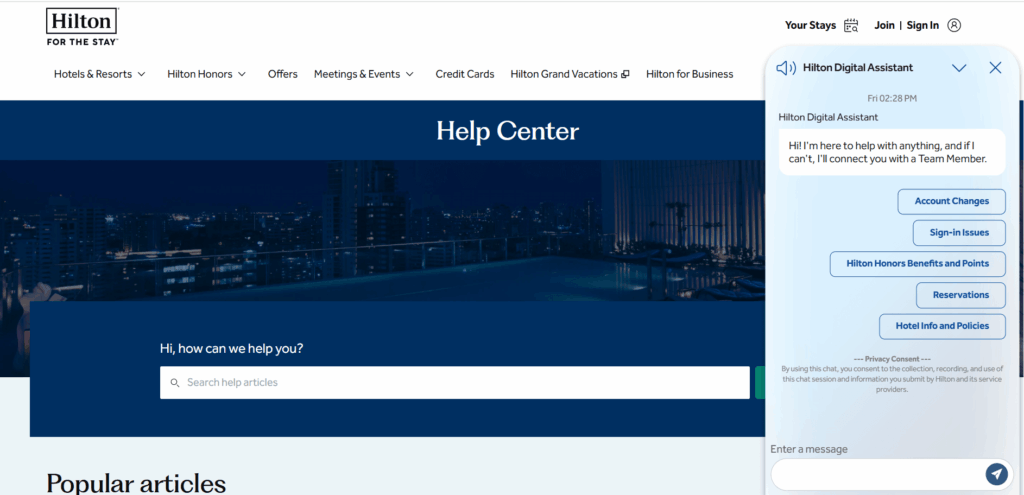Hilton digitális asszisztense a Hilton weboldalán
