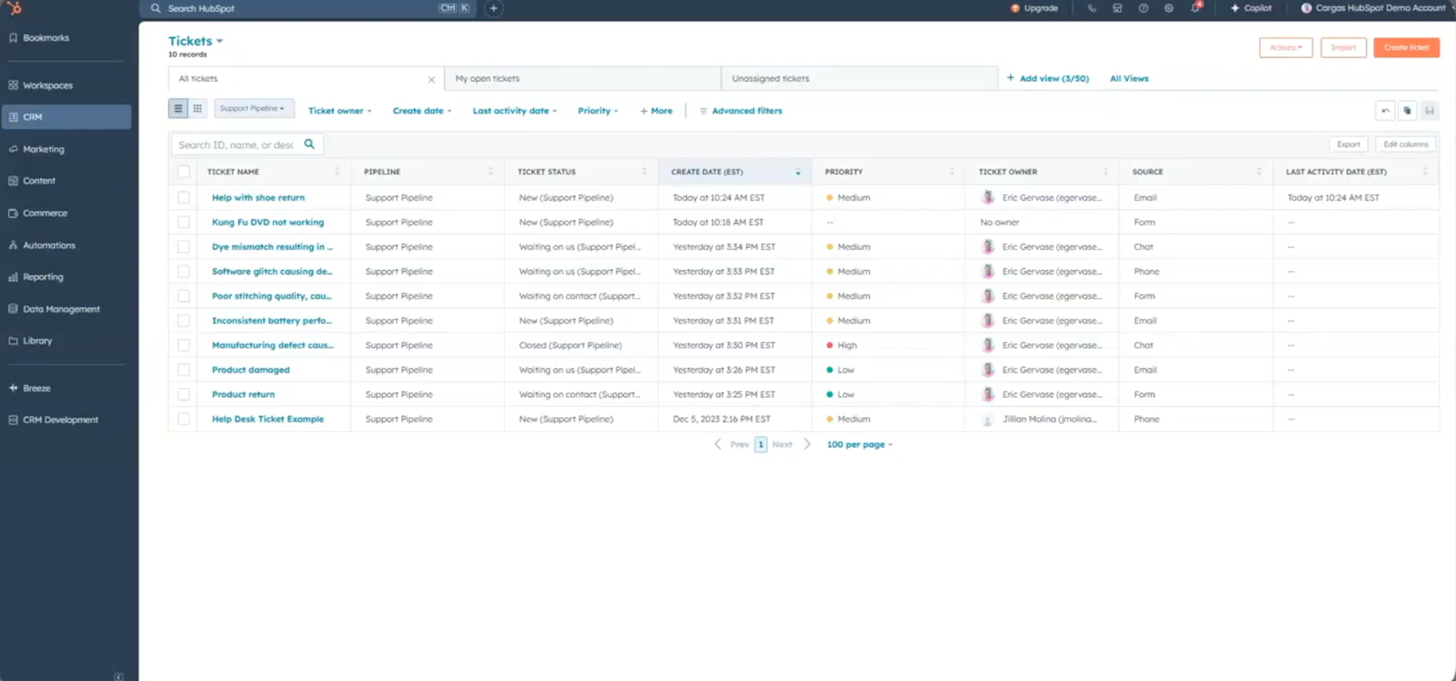 HubSpot Service Hub ingyenes csomag – megosztott beérkező levelek ügyféljegyekkel