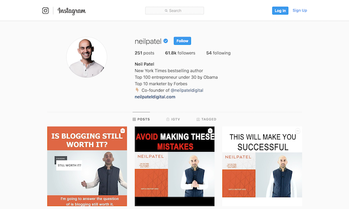 Neil Patel digitális marketingi szakértelmet oszt meg az Instagramon