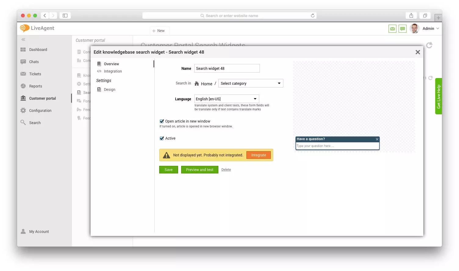 Tudásbázis keresési widget szerkesztése a LiveAgent-ben