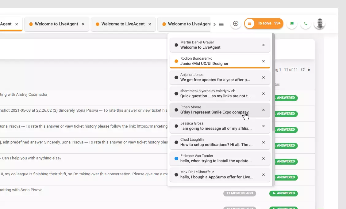 LiveAgent - Megnyitott jegyek listája