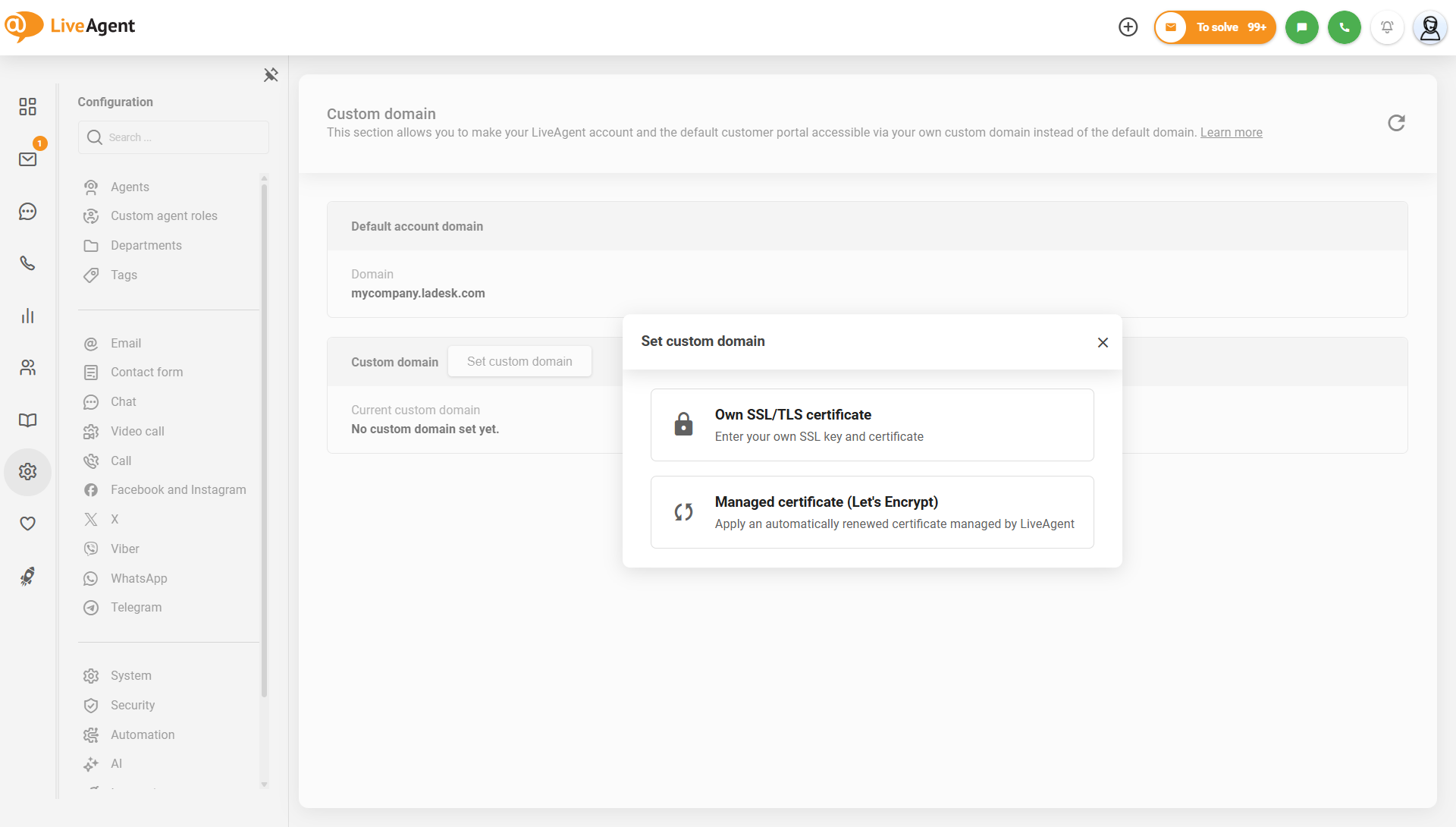 LiveAgent egyéni domain beállítások a Let's Encrypt által kezelt tanúsítvány opcióval