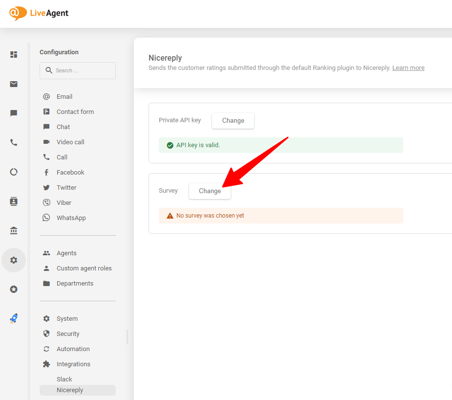 Válassza ki a Nicereply felmérést, amelyet az API kulcs beillesztése után szeretne használni