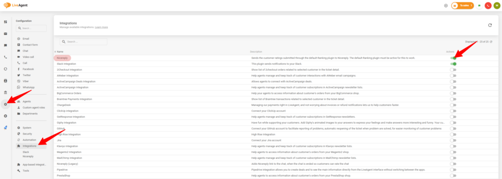 A Nicereply integrációjának engedélyezésének folyamata a LiveAgent beállításaiban