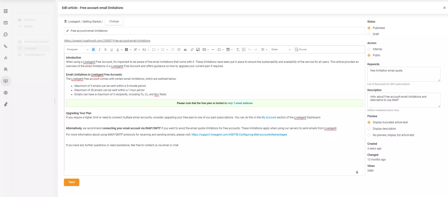 Cikkszerkesztő a LiveAgent-ben